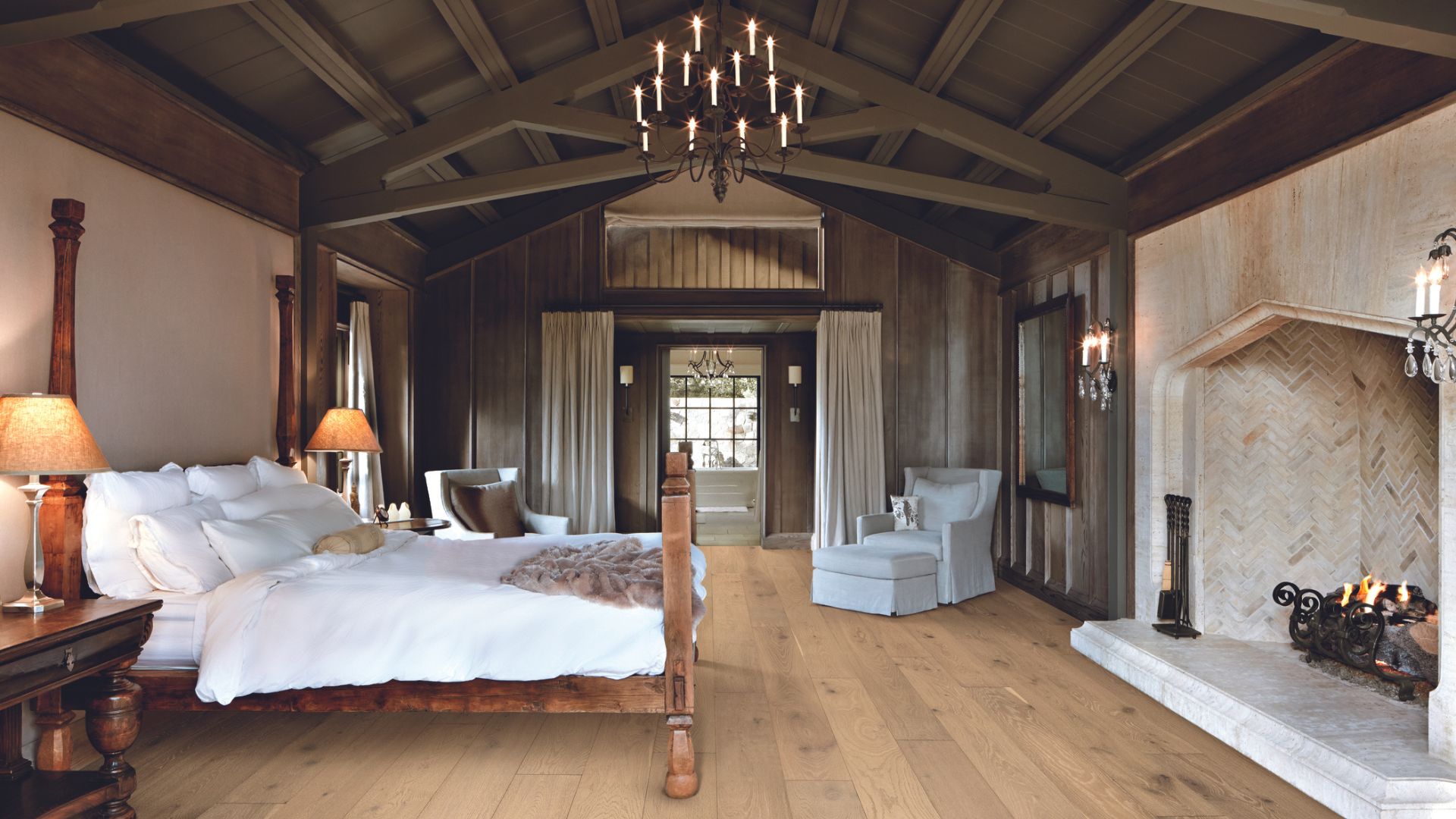 Hardwood floors in a rustic bedroom.